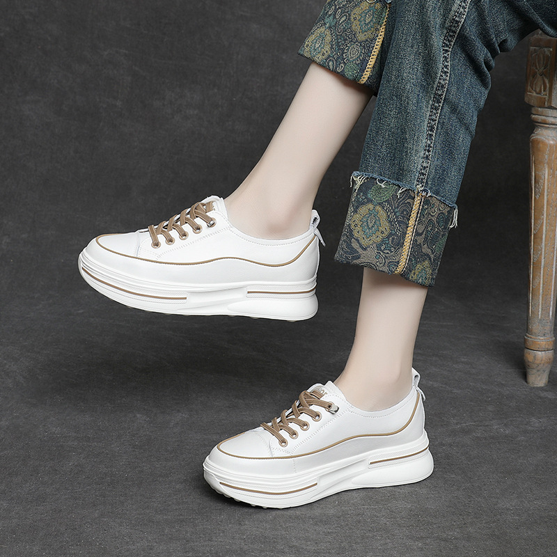 Top Layer Cowhide White Shoes Women's 2024 New Explosions Genuine Leather Thick Sole Platform Sole Sports Black Shoes Casual Skate Shoes