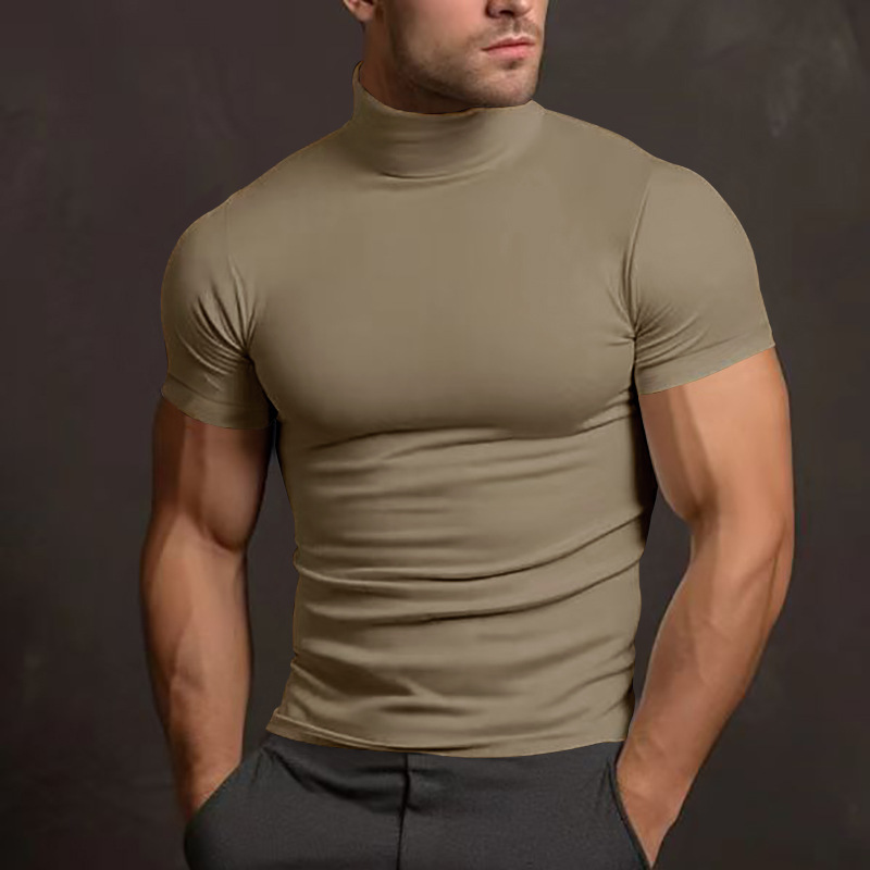 国境を越えたアマゾンの男性服スポット2024夏の純色半袖ファッションシャツ男性ガードル高襟tシャツ|undefined