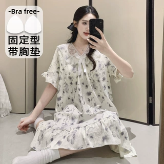 夏季睡衣女韩版大码宽松睡裙短袖带胸垫公主风甜美学生家居服批发