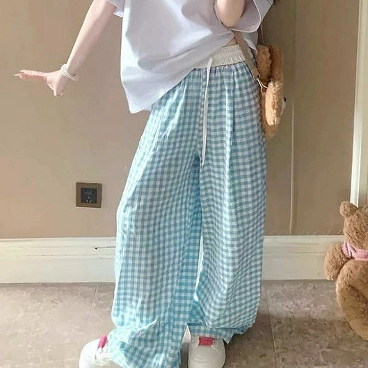 [С карманом] допамин-контрастные клетчатые брюки женские новые с высокой талией свободные повседневные брюки Yamobo ретро широкие брюки