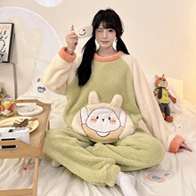 7804X#冬季新款睡衣女加厚长毛绒卡通圆领休闲家居服套装 260克