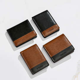 新款男士拼皮横款钱包时尚纯色活页多卡位功能证件包2折钱夹卡包