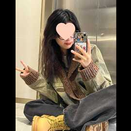 复古长袖牛仔外套女秋季宽松水洗做旧拼接夹克小众设计感西装上衣