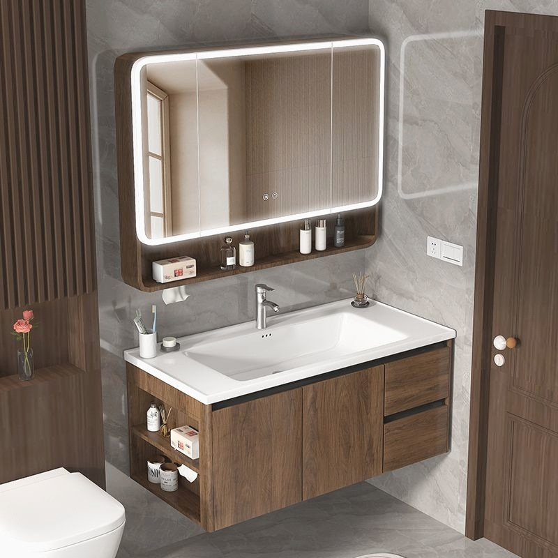 Ceramic Integrated Basin Bathroom Cabinet Combination with Side Storage, Antique-Style Walnut Wood Honeycomb Aluminum Washbasin Wholesale