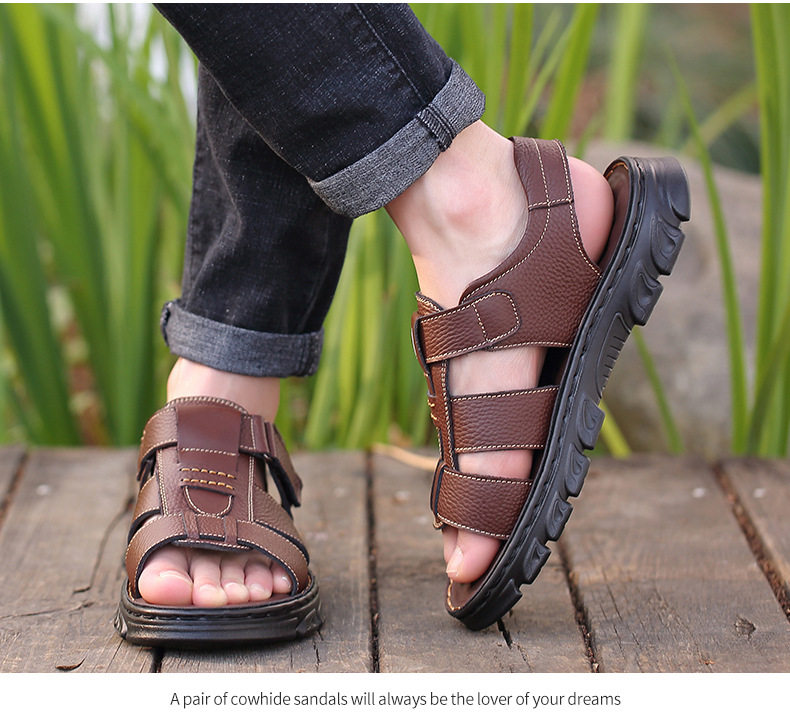 Dép sandal nam da bò quai ngang đế dày chống trượt, gót 1 cm — Màu nâu 2512, Màu đen 2512 chi tiết 15