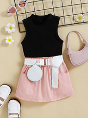 寶薪童裝外貿女童歐美亞馬遜ins背心上衣腰帶短裙三件套小童套裝