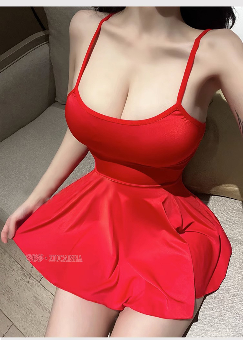 Plus Size Red Sling Skirt Lingerie Set with Open-Crotch Stockings, Stretch Ice Silk — detail image 25