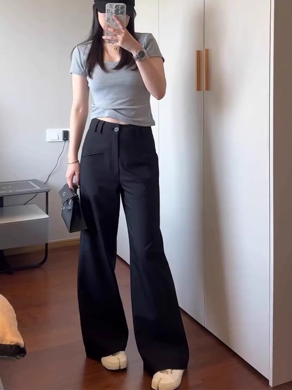 2025夏季黑色阔腿裤女大码高腰垂感西裤显瘦宽松休闲微喇西装裤子|undefined
