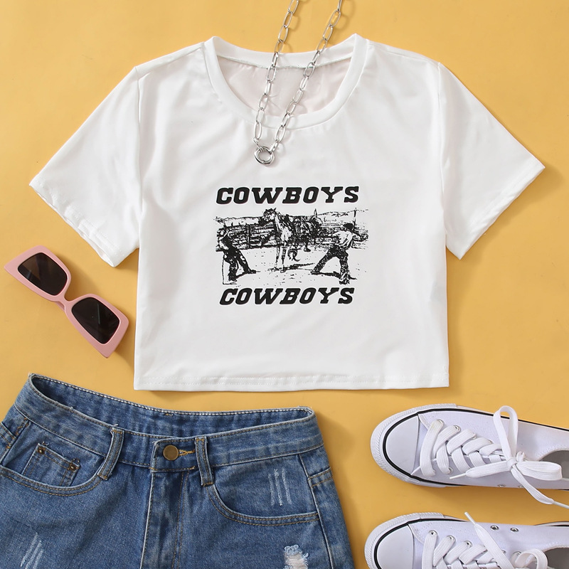 Cowboys Western Denim Printed Short Sleeve T-Shirt NSGMY74783