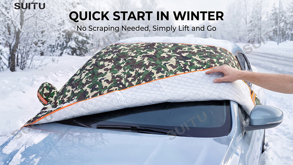 Car camouflage snow cover for winter, front windshield anti-freeze cover, anti-frost and anti-snow windshield cover, thickened car cover