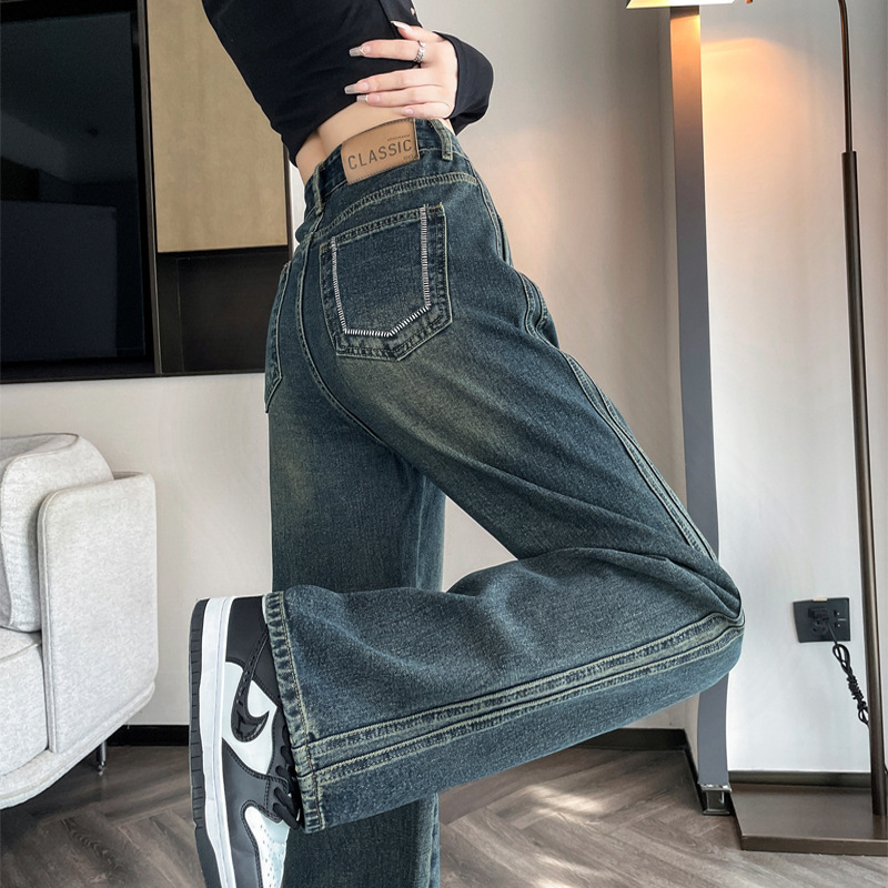 Cement Grey Narrow Straight Jeans Women's Autumn Vintage High Waist Loose Slimming Small Women's Wide Leg Pants