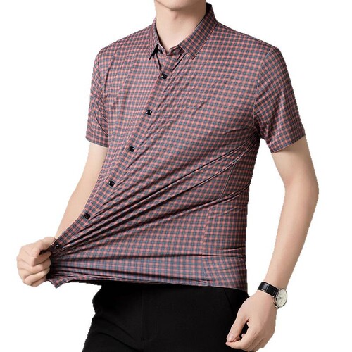 Men's Summer Short-Sleeve Checkered Digital Print Elastic Shirt Fashion Iron-Free Half-Shirt