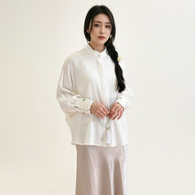 春秋款国风真丝开衫上衣女士打底衫新中式100%桑蚕丝真丝百搭衬衫