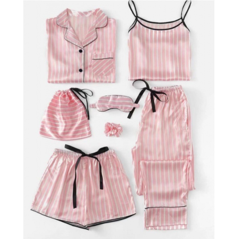 Cross-border ins2025 pijamas de primavera y otoño de mujeres siete piezas conjunto de rayas de ropa de casa coreana cuatro estaciones pijamas delgados