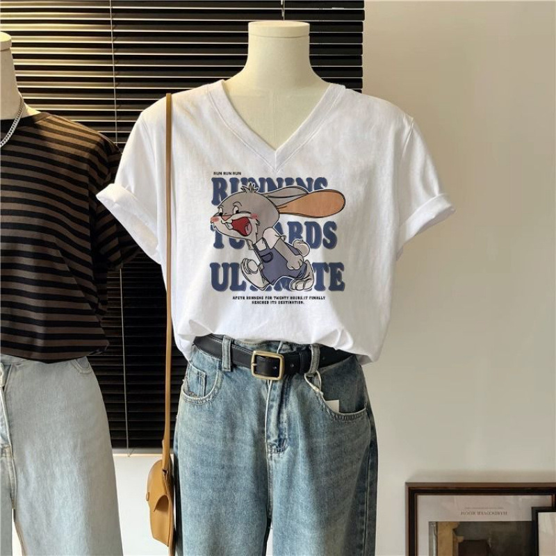 100% Cotton Short-Sleeved Women's New Summer Girls' Short-Sleeved Shirts V Neck Loose White T-Shirts Women's Elegant Tops Trendy