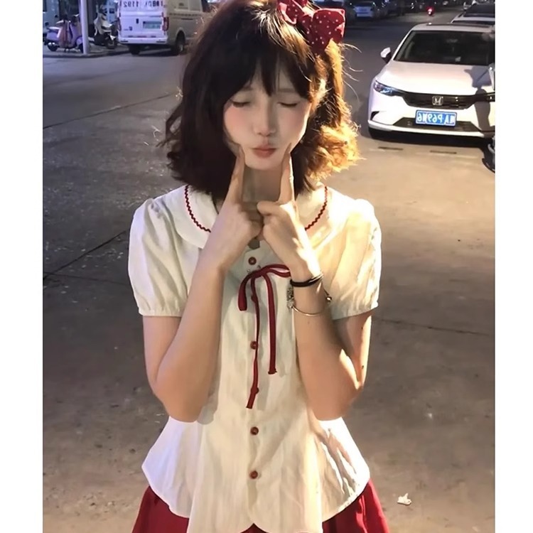カレッジスタイルスリムスーツスカート女性のための夏の2025新しいスタイルベビードールカラー半袖シャツ+プリーツスカート2点セット|undefined