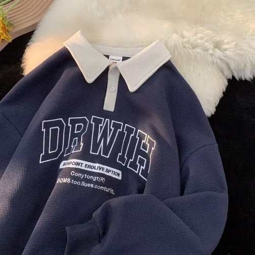 Men's Long Sleeve Polo Hoodie 2024 Autumn New Trend Brand Collar Contrast Letter Embroidered Casual Top