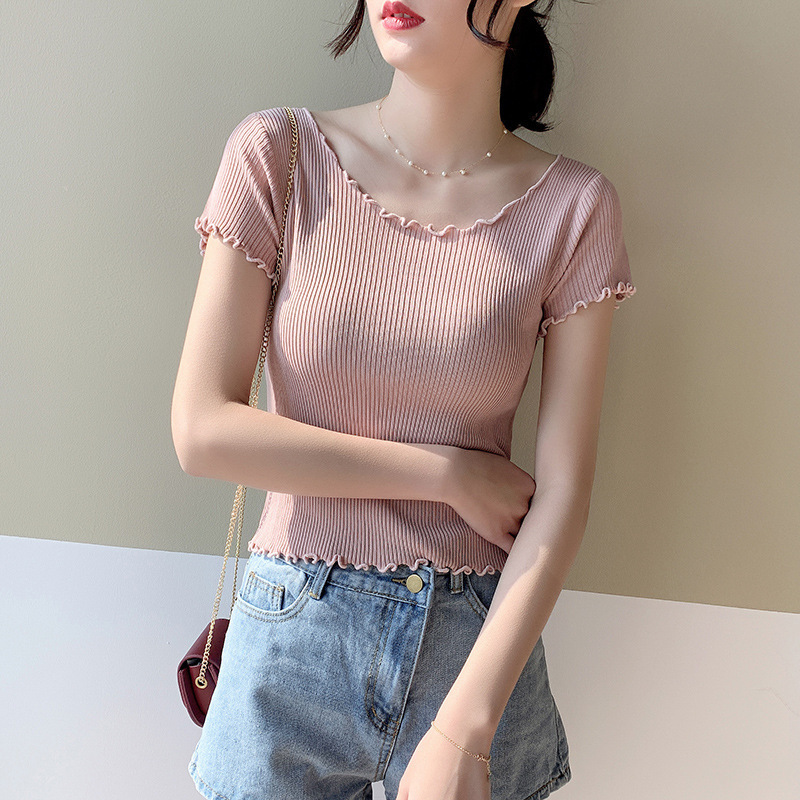 Verano camiseta de hielo de manga corta de punto de tela delgada de la mujer de cintura alta cintura corta ombligo de la clavícula delgada