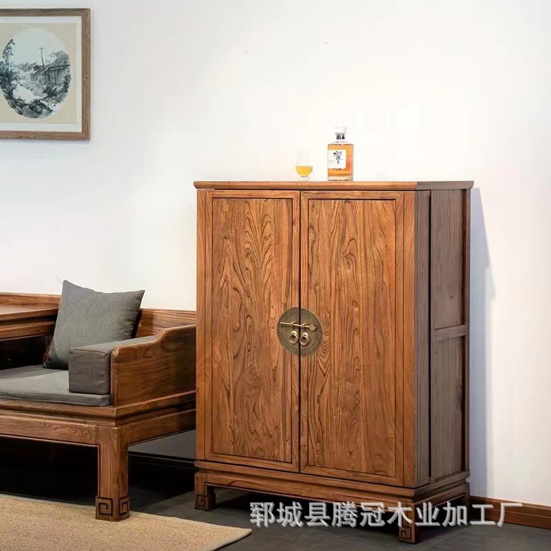 New Chinoiserie Wine Cabinet All Solid Wood Home Living Room Cabinet Wall Elm Chinese Bar Solid Wood Wine Cabinet Red Wine Side Cabinet