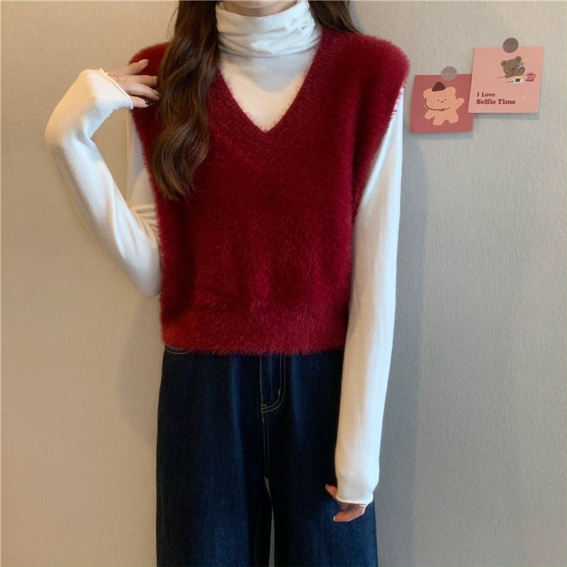 [Christmas Red and New Year Red] V Neck Imitation Mink Velvet Vest Korean Style Pure Color Loose Sleeveless Knitted Vest