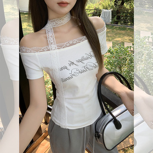 Real Shot and Real Price 2025 Summer Pure Color Lace Stitching Ribbon Letter Print One Shoulder Short-Sleeved T-Shirt Women's Top