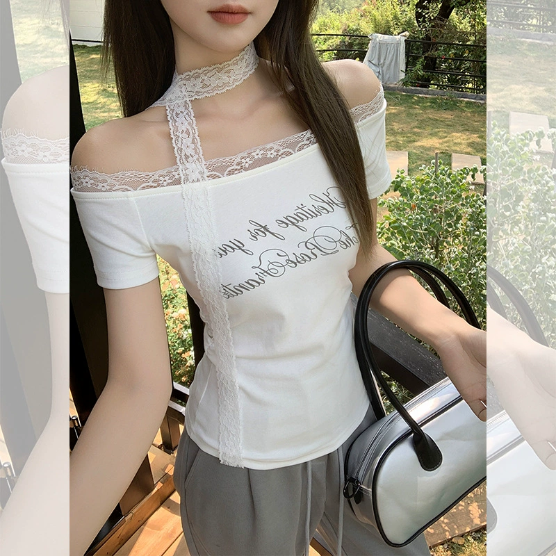 Реальный снимок и реальная цена. Женская футболка с коротким рукавом, одно плечо, лето 2025, однотонная, кружевная строчка, ленточный принт, буквенный принт.
