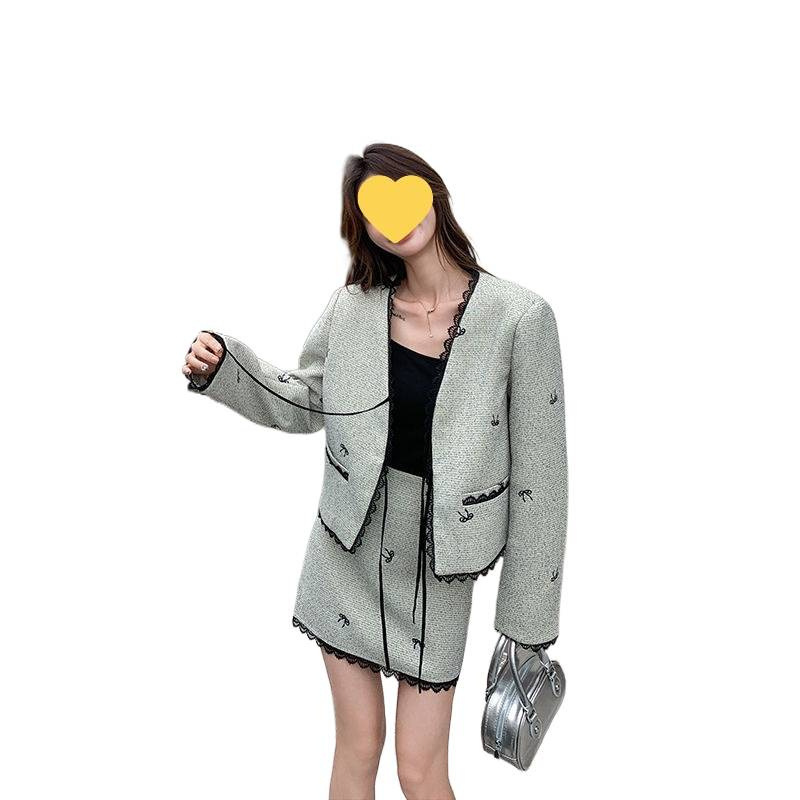 蕾丝拼接小香风套装裙女春秋2025新款小个子气质高级感短裙两件套|undefined