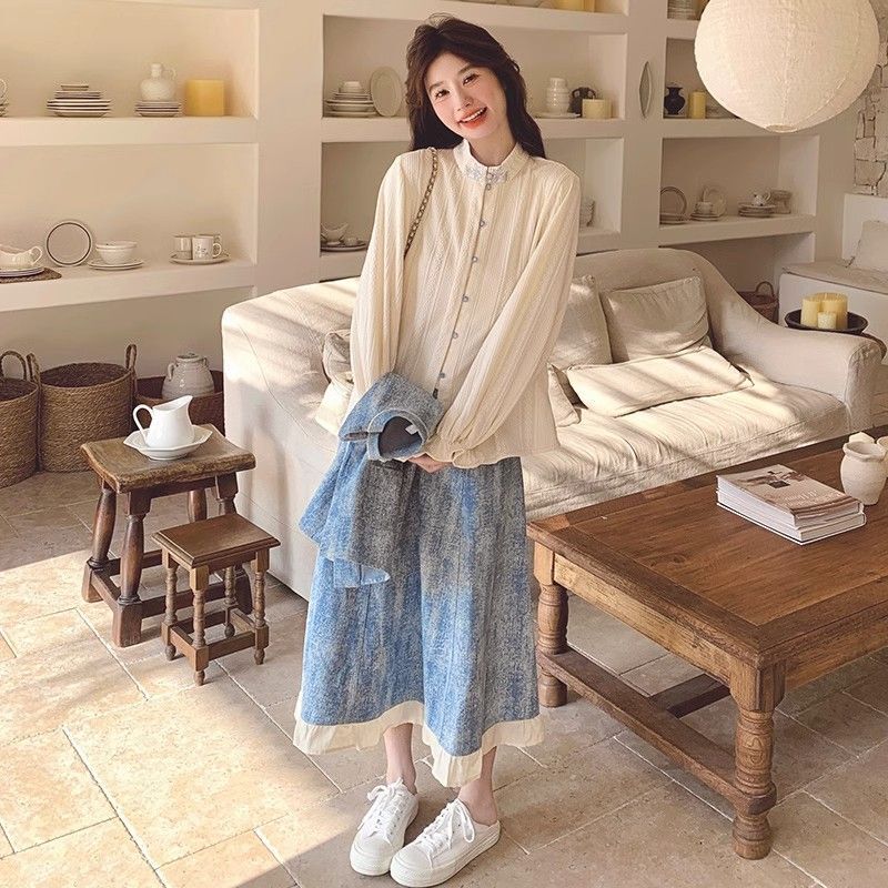 蓝色小清新牛仔提花套装裙女春季2025新款设计感马甲半身裙三件套|undefined