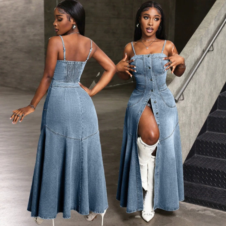 317-15811 # Amazon Cross-Border Foreign Trade Fashionable Mid-Length Single-Breasted Denim Dress with Suspenders