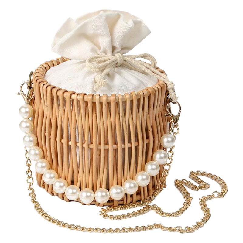 Bolso de paja de verano para mujer 2021 Nuevo bolso de celebridad de Internet bolso de perlas bolsa de ratán de regalo de mano bolsa de cubo de playa