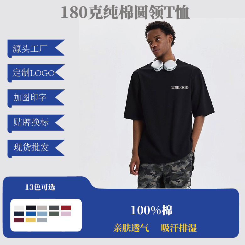 Ag79000 Cross-Border 180g Round Neck T-Shirt Men's Pure Cotton Solid Color Men's Short-Sleeved Advertising Shirt Wholesale Custom Logo