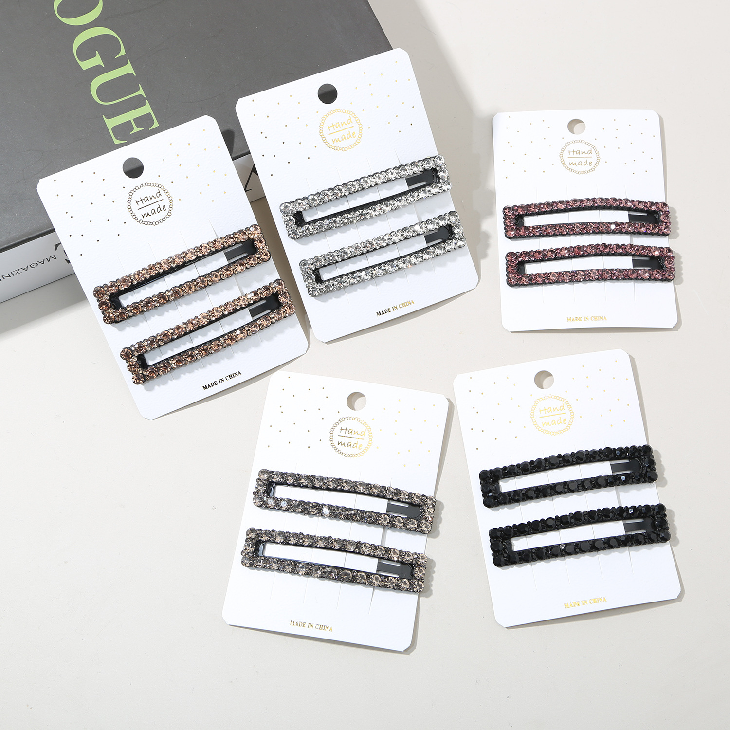 19g Weight Handmade Shiny Rhinestone Rectangular Hair Clip Set With Side Bangs Full Diamond Edge Hair Clips