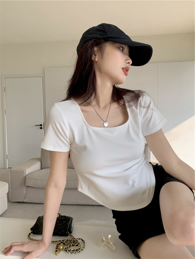 175g Weight Short Sleeve Sleeve Length Polyester Fabric Type Short Top Length T-shirt Tops Type Casual, Daily Occasion Square Neck Neckline Slim Fit Type Solid Color Pattern Summer, Spring, Autumn Season Women's Gender Casual, Simple Style Style Wholesale Women's Casual Simple Style Solid Color Short Sleeve T-Shirts 19