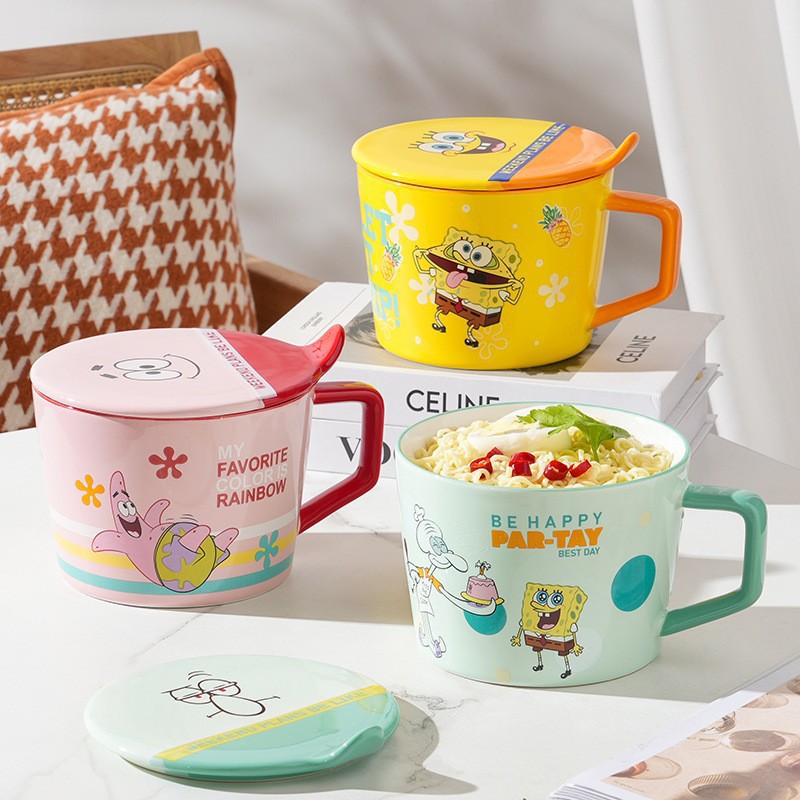 Bob Esponja cerámica con cubierta de espuma taza de fideos tazón set de cubiertos pareja casero regalo de cumpleaños inwind