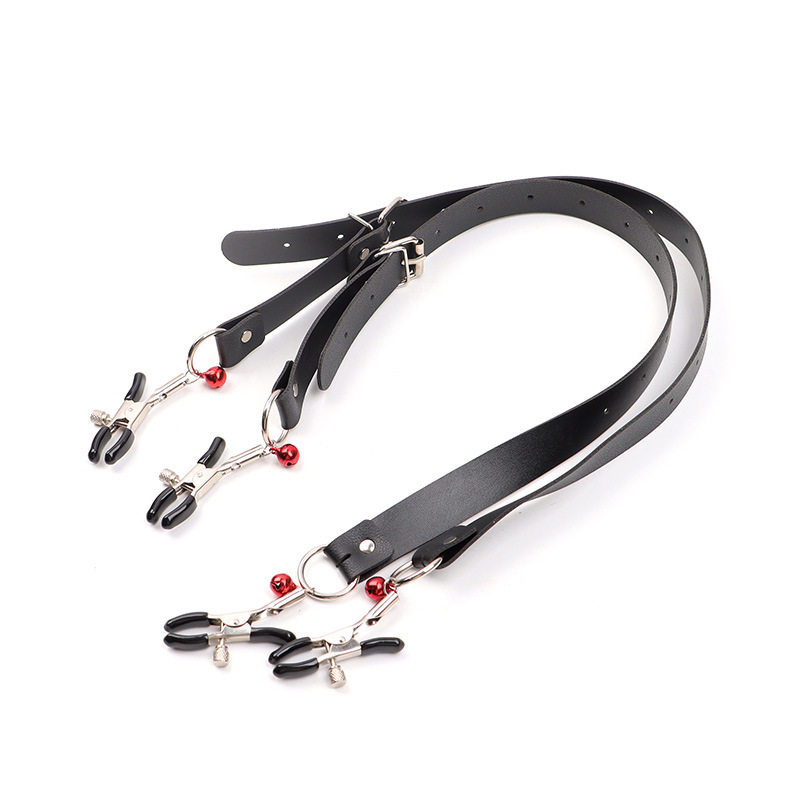 Adjustable Nipple Clamps with Metal Chain, Black Patent Leather SM Accessory — detail image 2