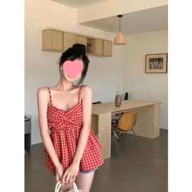 夏季甜美设计感蝴蝶结格子吊带背心女装夏季纯欲甜辣妹无袖上衣