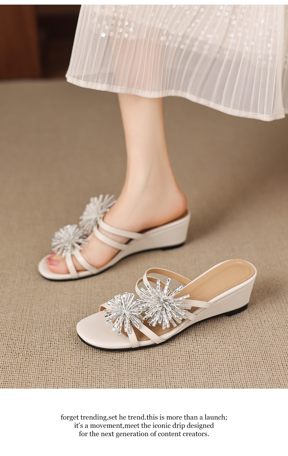 Sandal cao gót nữ hở mũi đế xuồng đính đá pha lê, gót 5 cm, chất da bò mềm — màu trắng ngà chi tiết 17