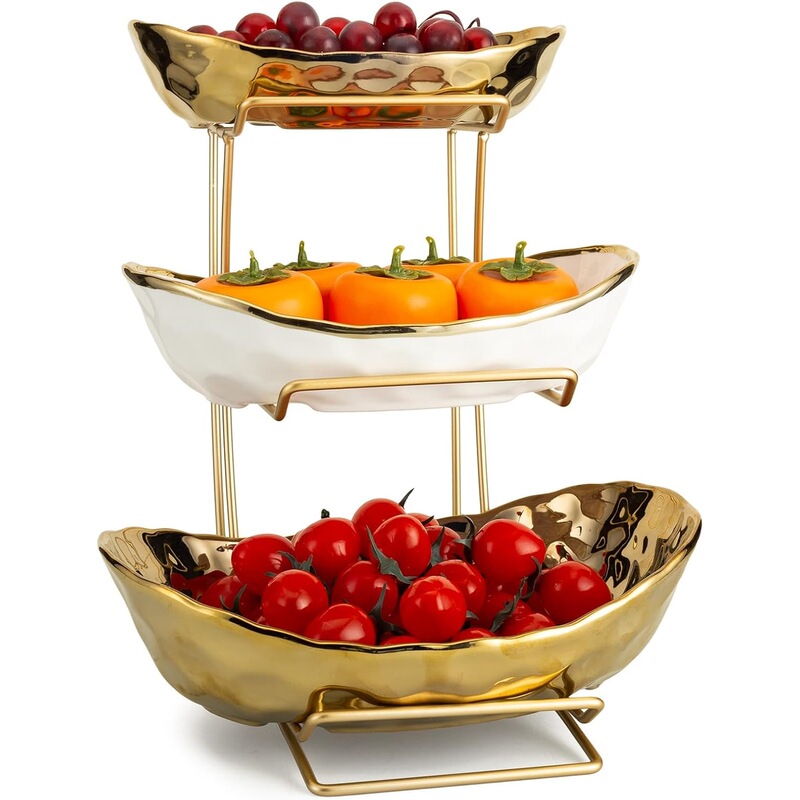 Meiglqea Three-Layer Gold Stand Ceramic Fruit Bowl White Tray Set Kitchen Fruit and Vegetable Storage Rack