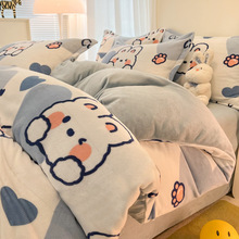 卡通萌趣冬季加厚牛奶绒四件套网红珊瑚绒法莱绒被套床单三件套