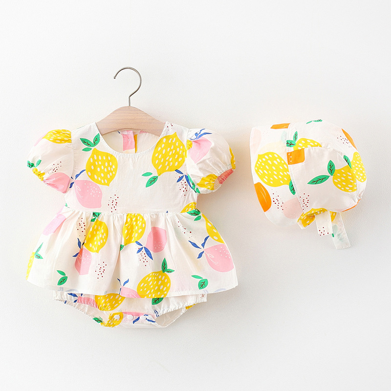 A summer new pattern Female baby triangle Romper Conjoined Short sleeved printing Foreign trade baby Cartoon Hat On behalf of