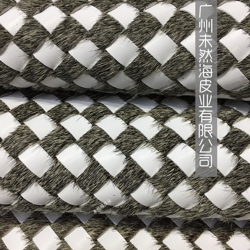 老鼠灰牛毛皮配PU编织装饰抱枕用编织真毛皮