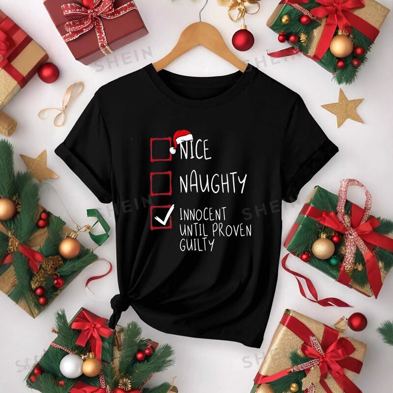 Women's Casual Versatile Straight-Shoulder Loose Mesh Short-Sleeve T-Shirt 2024 Hot-Selling Christmas Slogan 3D Digital Print