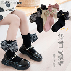 女童襪子兒童洋氣公主風花邊外穿潮ins春秋寶寶蝴蝶結 一件代發