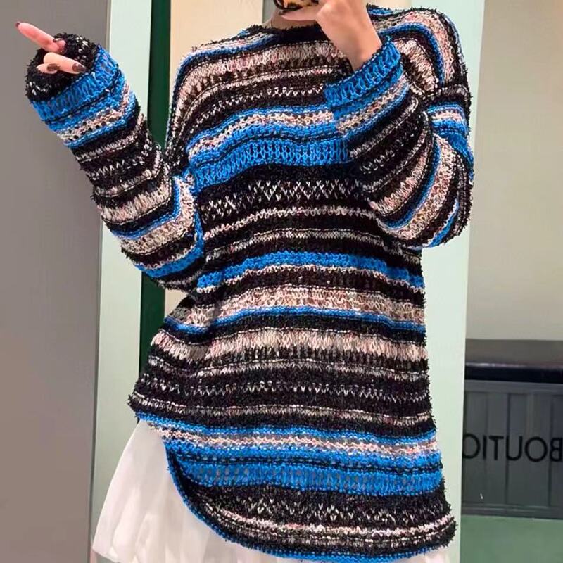 Special Offer S*H Spring and Summer New Style Fancy Yarn Contrasting Color Hollow Knit Sweater Women's Lazy Retro Blouse Long-Sleeved Top