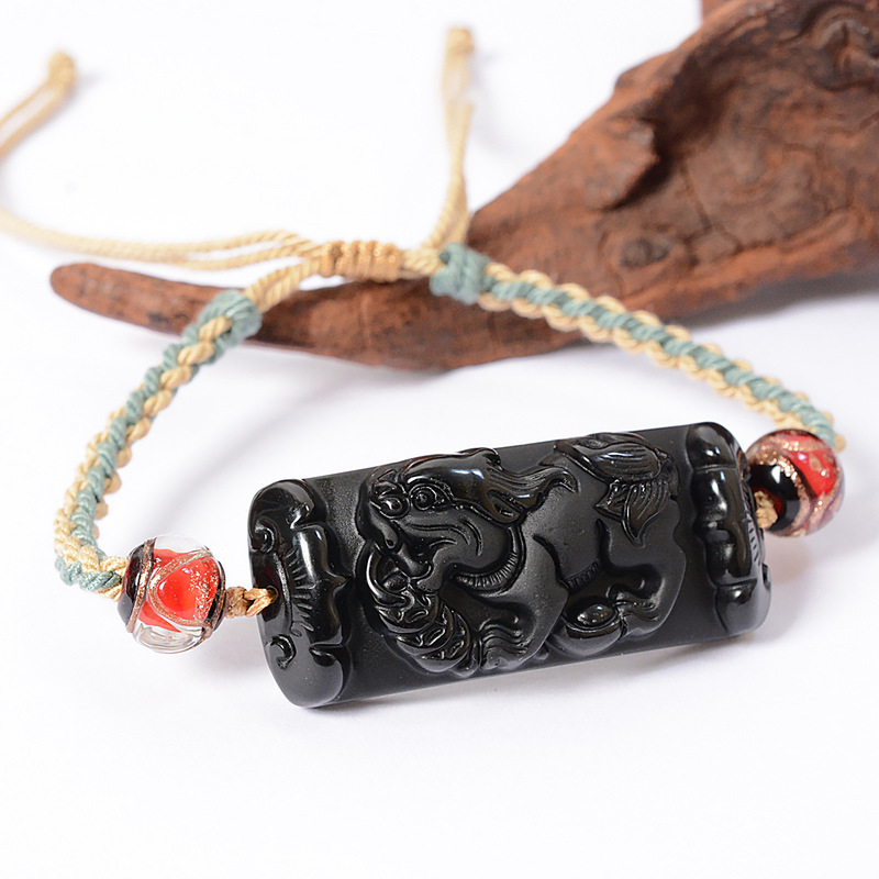 Obsidian Brave Hand Woven Cotton Rope Crystal Brave Bracelet Gold Swallowed Beast Court Fragrant Grey Glaze String