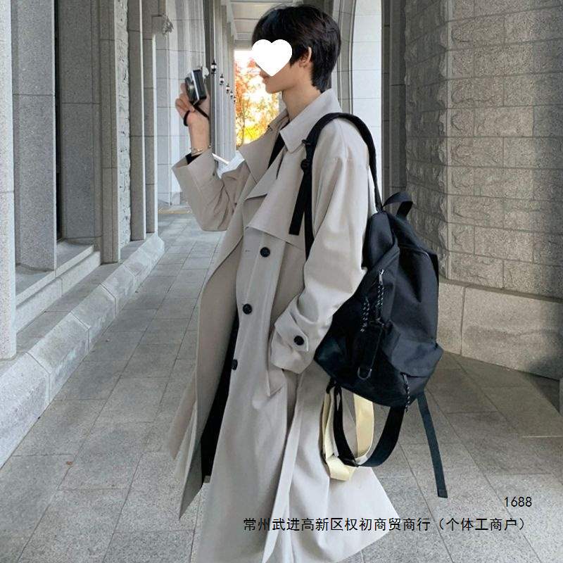 Korean style trench coat for men, spring and autumn, double-breasted, over-the-knee, British style, mid-length, loose fit, cool and stylish.