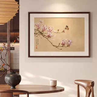 新中式餐厅装饰画玉兰花开客厅挂画宋式美学实木框斗柜餐桌旁壁画