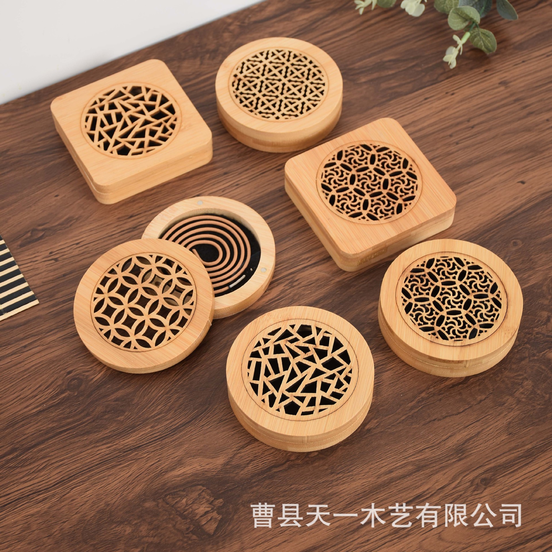 现货木质香盒圆形方形家用檀香盘线香盒中式镂空卧香盒竹制香薰炉
