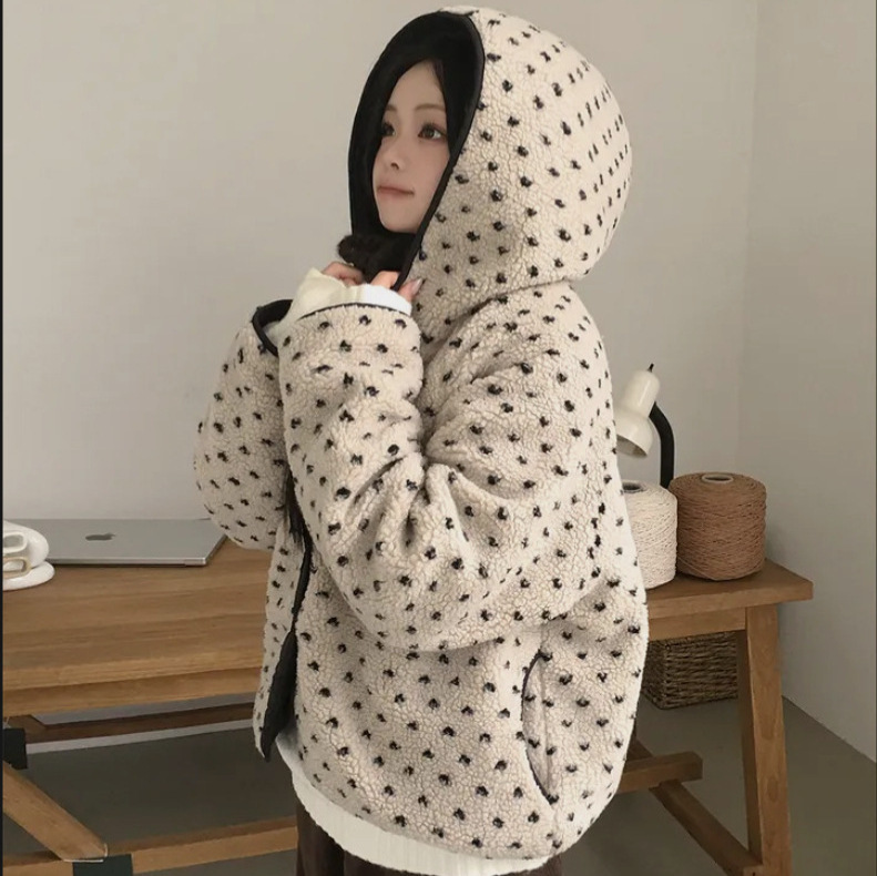 Korean Ins Autumn and Winter New Style Korean Version Hooded Reversible Design Loose Thickened Lamb Wool Cotton Jacket Coat