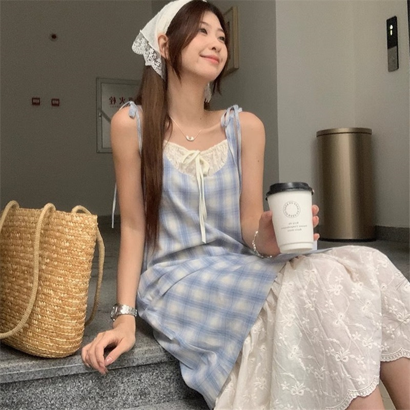 New French-style high-end blue striped shirt faux two-piece dress, summer elegant waist-cinching age-reducing mid-length dress New French-style high-end blue striped shirt faux two-piece dress, summer elegant waist-cinching age-reducing mid-length dress